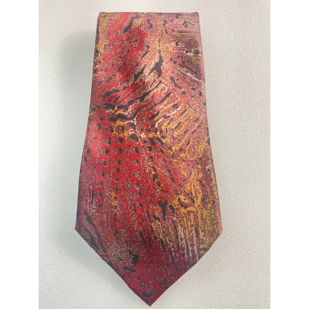 Serica Mens Italian Pure Silk Tie Red Gold Abstract Pattern Made in Italy 57"